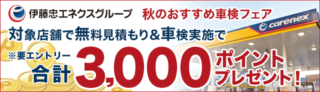 秋の車検キャンペーン!伊藤忠で車検をすると3,000ポイントプレゼント